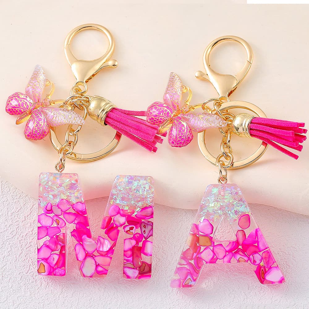 1 Pçs Rosa Borla Az Carta Resina Chaveiros Criativo Borboleta Alfabeto Porta-Chaves Do Carro Acessórios Presente Lembran