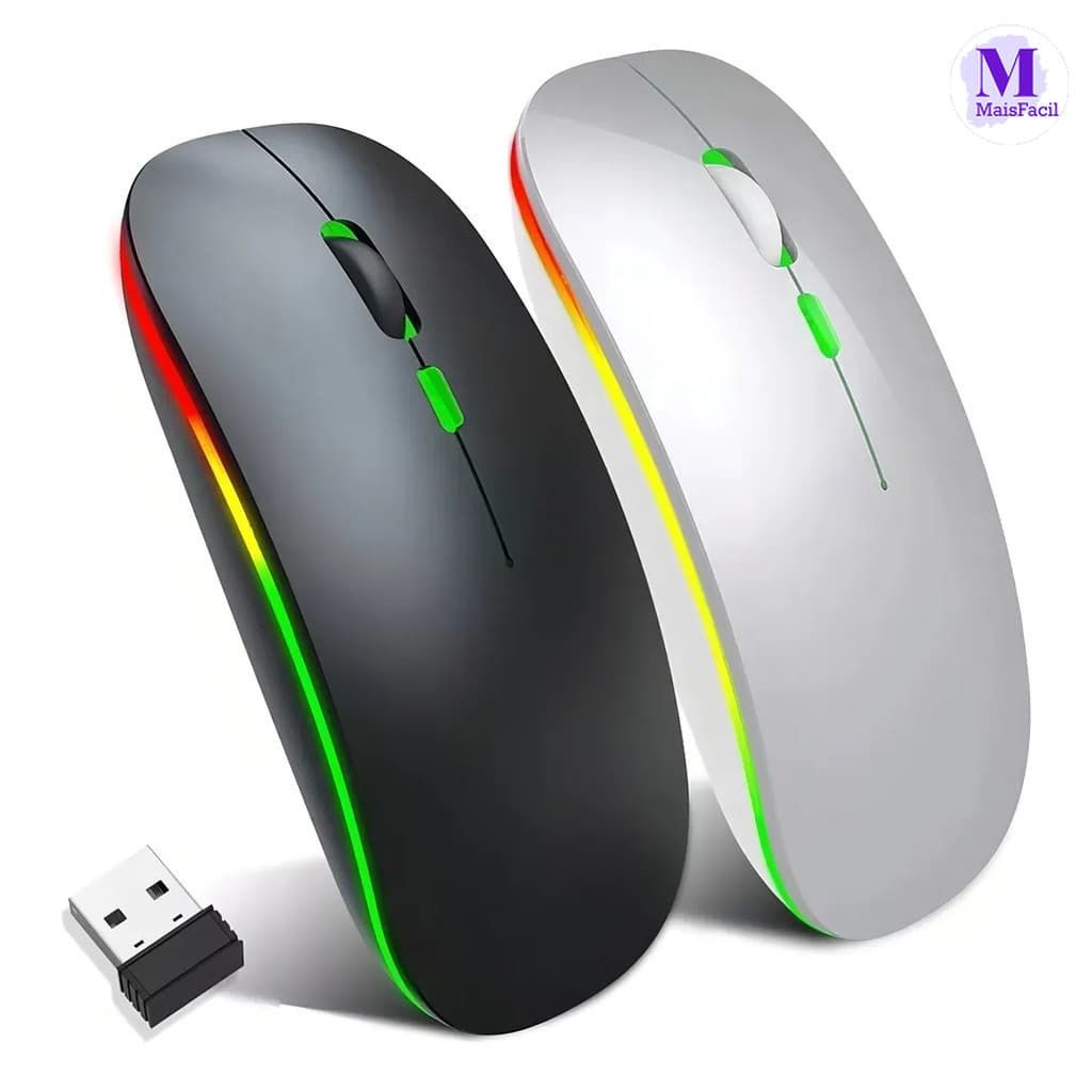 Mouse Sem Fio Recarregável Led RGB Clique Silencioso 2.4 Ghz Ergonômico Gamer Home Office