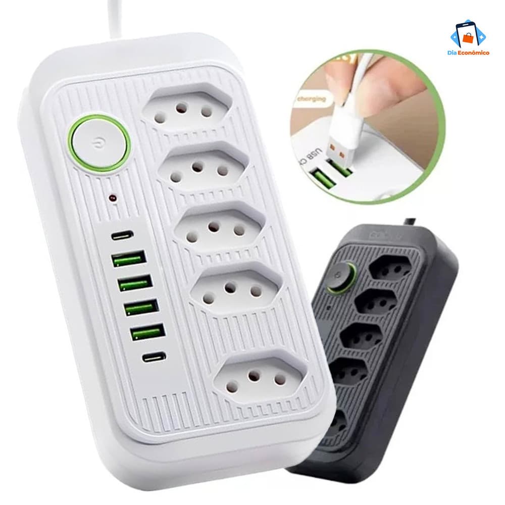 Bivolt Regua de Tomadas 5+ Tomadas com 4 USB e USB Tipo C, Coibeu Extensão Filtro de Linha Segurança, Cabo Energia Casa
