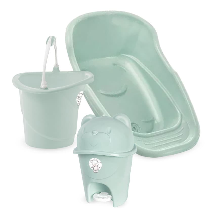 Kit Banhera De Bebê Adoleta Com Balde e Lixeira Fofura Verde