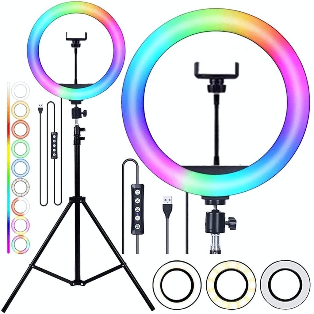 Iluminador Ring Ligth RGB 26cm Fotos Com Tripé 2,10 Youtuber