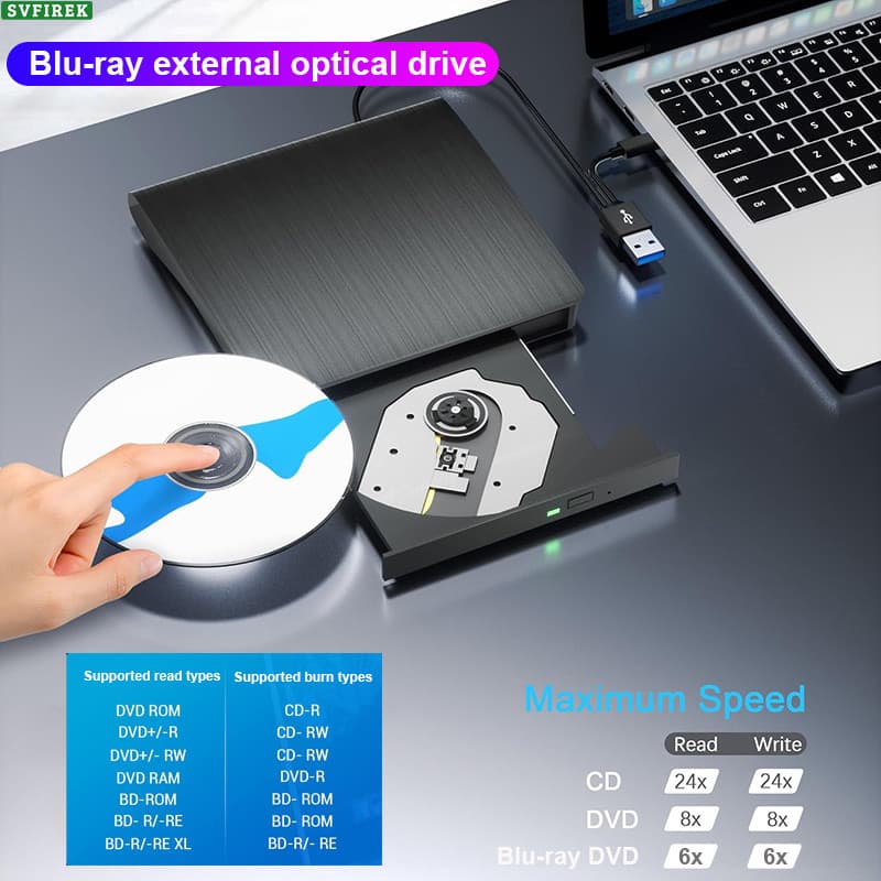 Blu-ray Drive Externo CD DVD Burner Leitor USB 3.0 Tipo-C BD// Escritor
