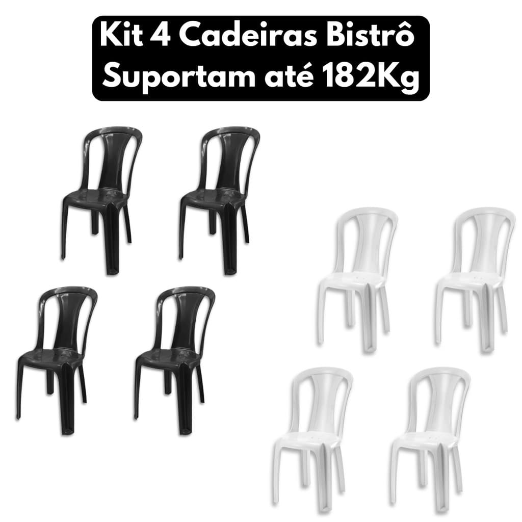 Kit Jogo Com Até 4 Cadeira De Plástico Bistrô Resistente Branca Preta Suporta 182kg Comércio Varanda