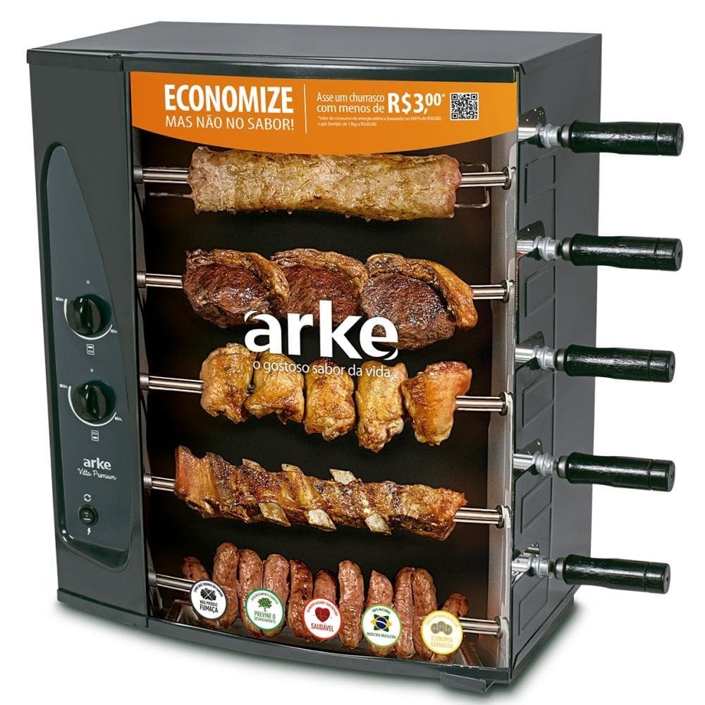 Churrasqueira a Gás GLP Apartamento Rotativa Arke Com 5 Espetos Acendimento Automático Assador