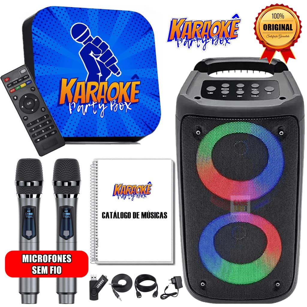 Karaoke Party Box +2 Microfones Sem Fio + Caixa de Som +De 2000 Musicas (Sistema Com Pontuação) AZUL