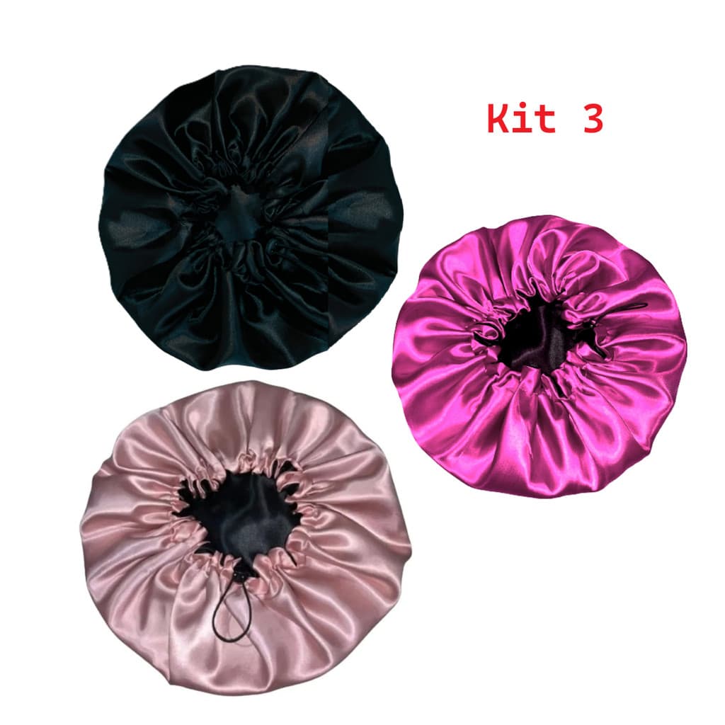 Kit 3 Touca de Cetim Dupla Anti Frizz Com Elástico Regulador Rosa e Pink e Black