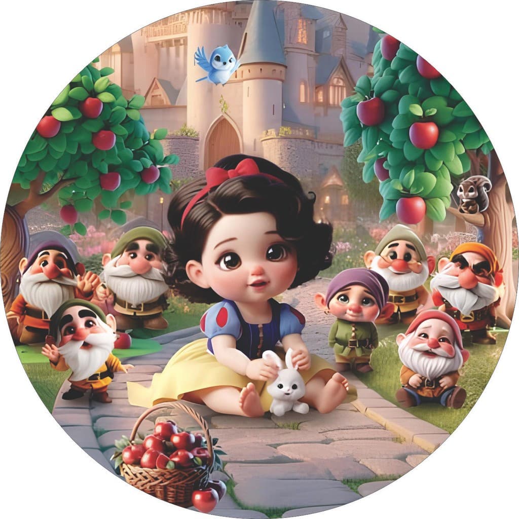 Capa de Painel Redondo Branca de Neve Sete Anões Princesas Baby Tecido Sublimado Vários Modelos 1,50x1,50 e 50x50