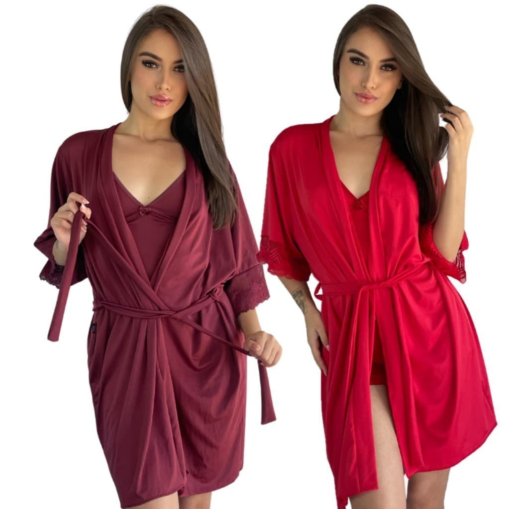 Kit 2 Robe Hoby Microfibra Renda Luxo Kimono Lingerie
