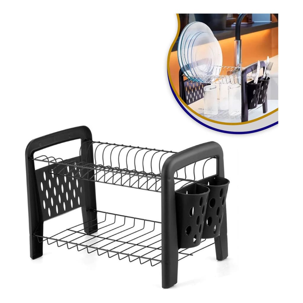 Escorredor De Pratos Duplo Desmontável 15 Pratos Preto Luxo