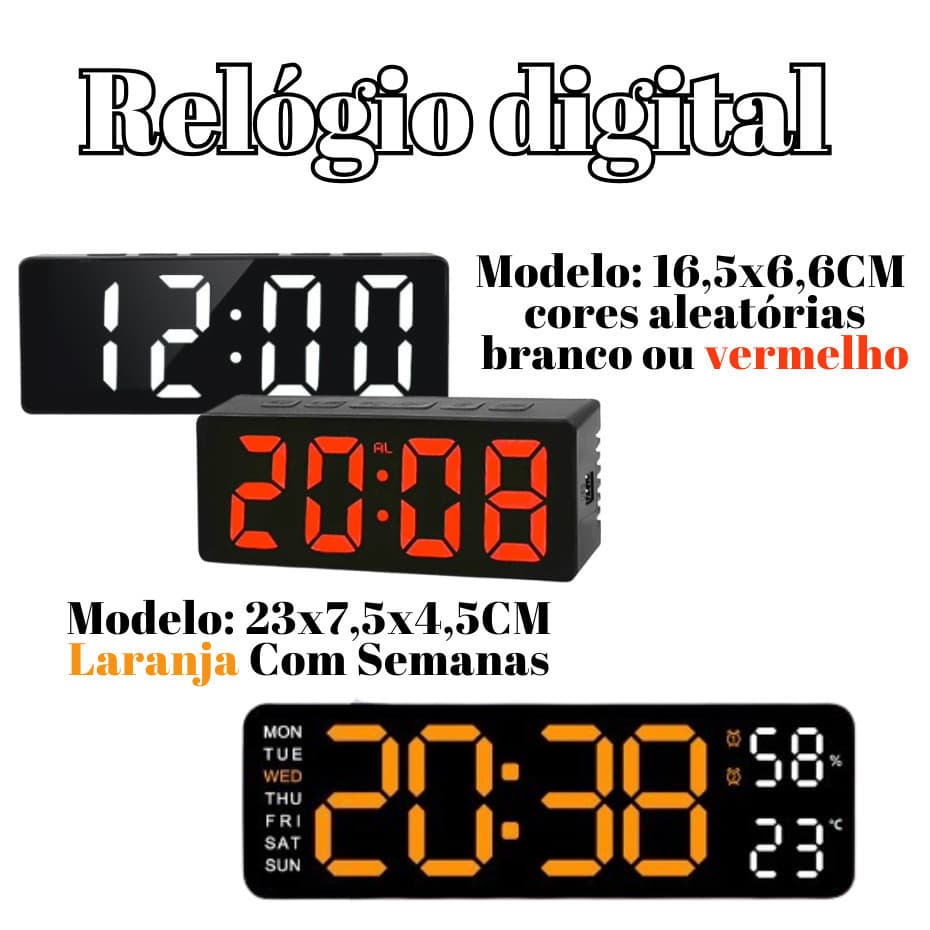 Relogio Digital 23x7,5x4,5Cm Ou 16,5x6,6CM USB Alarme Luminoso Recarregavel De Mesa Led Semanal