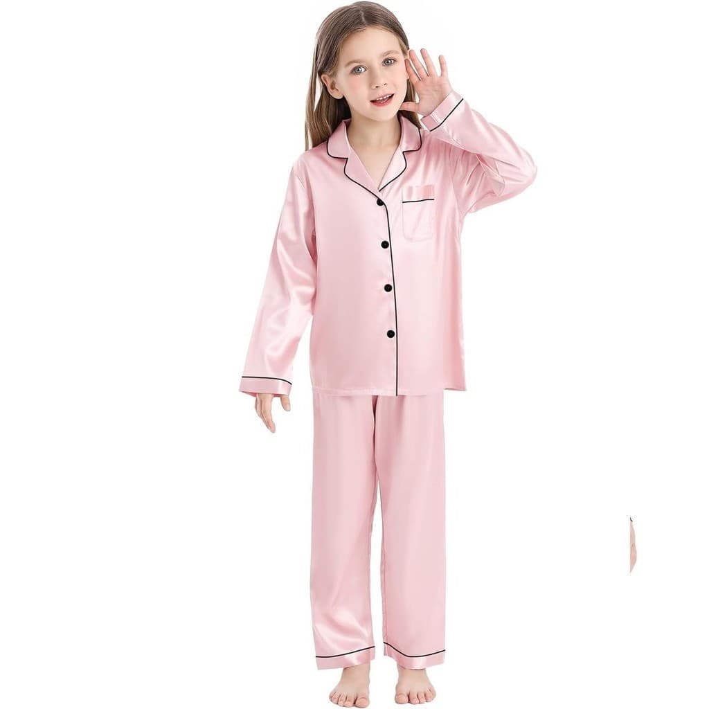 Pijama Infantil Afrodite Americano Cetim Seda Elastano Calça Camisa Manga Longa botões Bolso Rosa