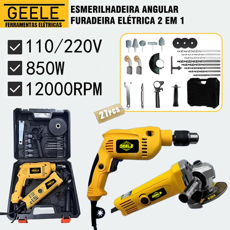 Kit Furadeira  Parafusadeira E Lixadeira Esmerilhadeira 850W 12000rpm e Maleta de Transporte Com Acessórios GEELE