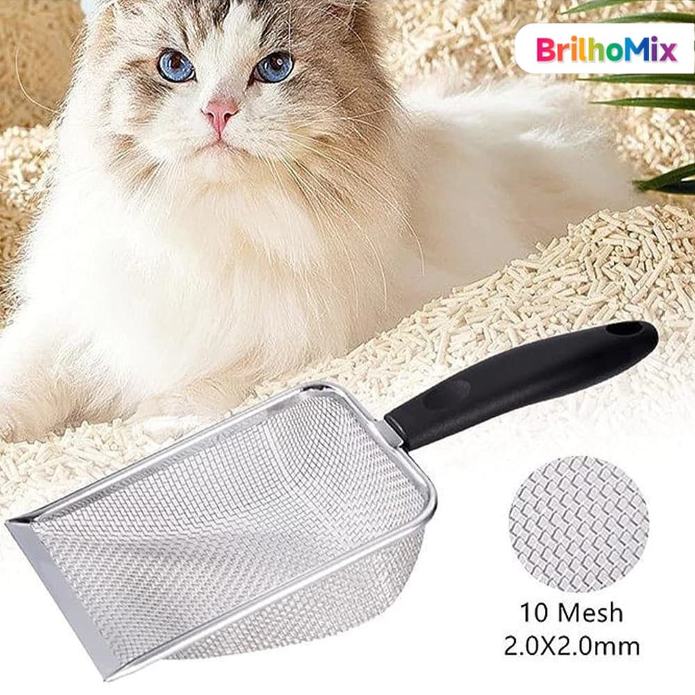 Pá para Areia de Gatos com Peneira Coletora em Aço Inoxidável Resistente e Durável
