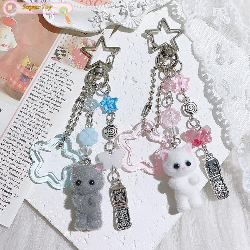 SUPERTOY Criativo Bonito Flocado Gatinho Morango Pingente Chaveiro Doce Animal Mochila Decoração Acessórios Melhor Amigo