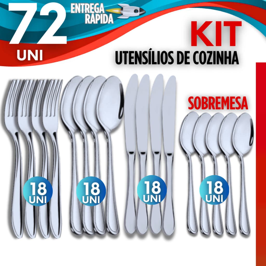 Kit 72/40/36 Unidades Talheres Linha Premium Utilidades Garfos + Facas + Colheres + Colheres de Sobremesa