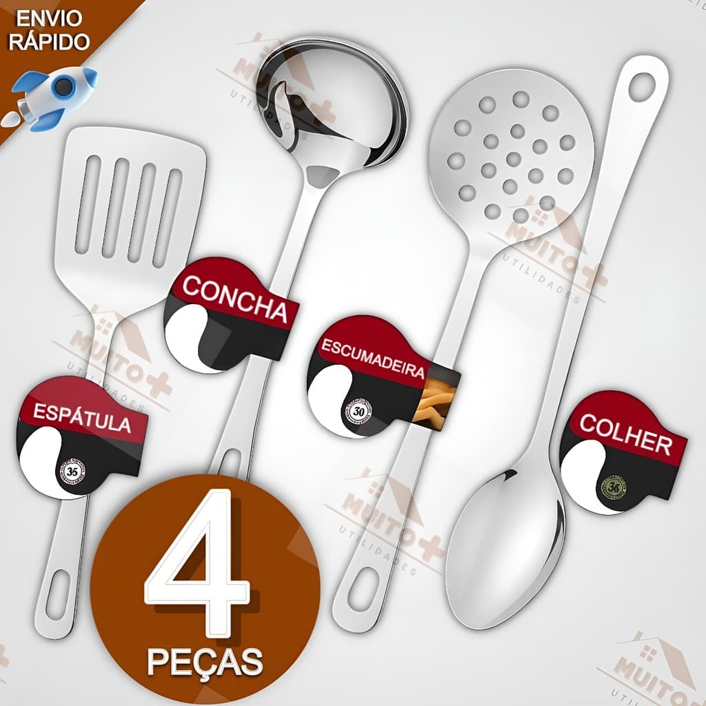 Kit Utensílios Para Cozinha 4 Peças Em Aço Inox Colher De Arroz Escumadeira Concha Restaurante Casa