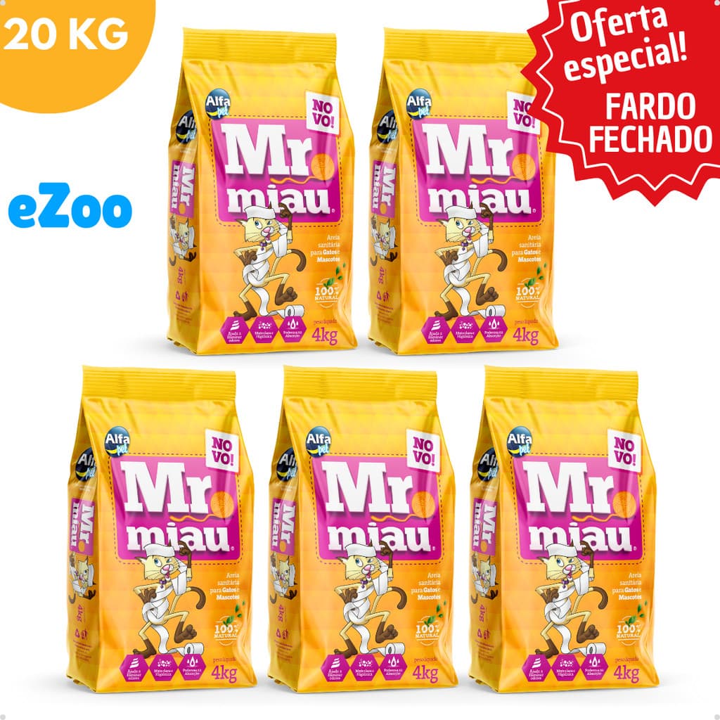 Kit 5 Areia Sanitária Higiênica Natural Argila para Gatos Mr Miau Fardo Fechado 4 Kg Alfa Pet