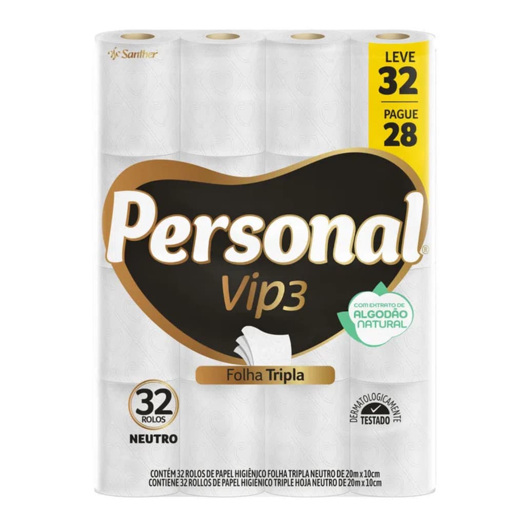 Papel Higiênico Personal Vip 3 Folha Tripla 32 Rolos 10x20 m