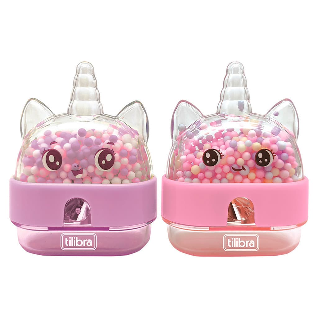 Apontador com Depósito Unicórnio Rosa e Lilás com Bolinhas