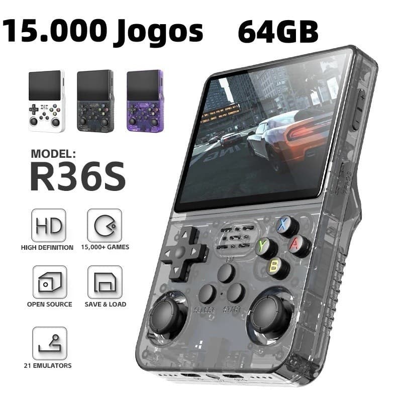 Console Portátil R36S + de 15.000 Jogos Vídeo Game 64g Linux Tela IPS 3.5 Polegadas a Pronta Entrega -Techo Pro