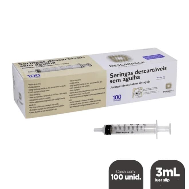 Seringa 3ml 100un Bico Luer Slip Sem Agulha Descarpack