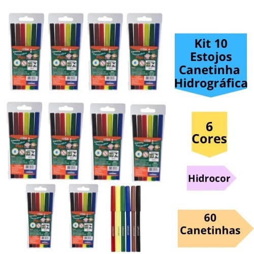 Kit 10 Estojos Canetinha Hidrográfica 6 Cores Hidrocor 60 Canetinhas Infantil Escolar Leo&Leo