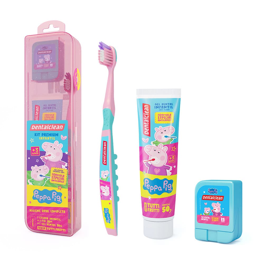 (ROSA) Kit Peppa Pig Creme Dental Escova Dente Fio Dental Crianças