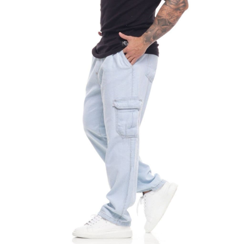 Calça Cargo Jeans Larga Bolsos Lateral Streetwear Skatista