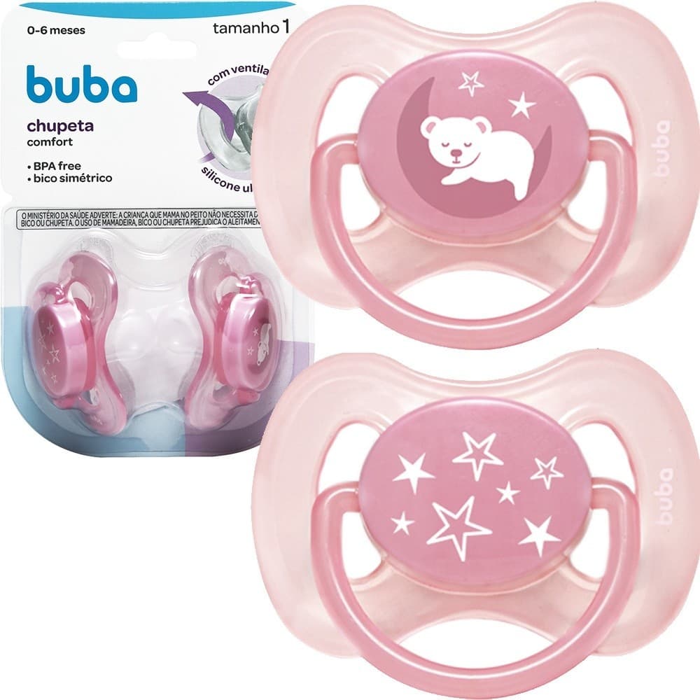 Kit 2 Chupetas Silicone Confort Ultra Soft 0-18 Meses Tamanho 1 e 2 Recém Nascido Bebe Rosa Buba