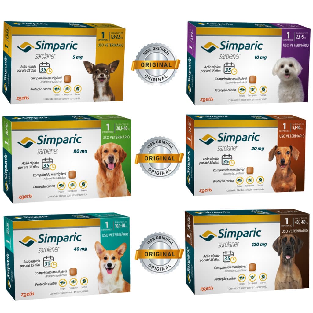 Antipulgas e Carrapatos Simparic para Cães - Proteção Eficaz contra Pulgas e Carrapatos - Disponível em Todos os Tamanhos dentro do anuncio.