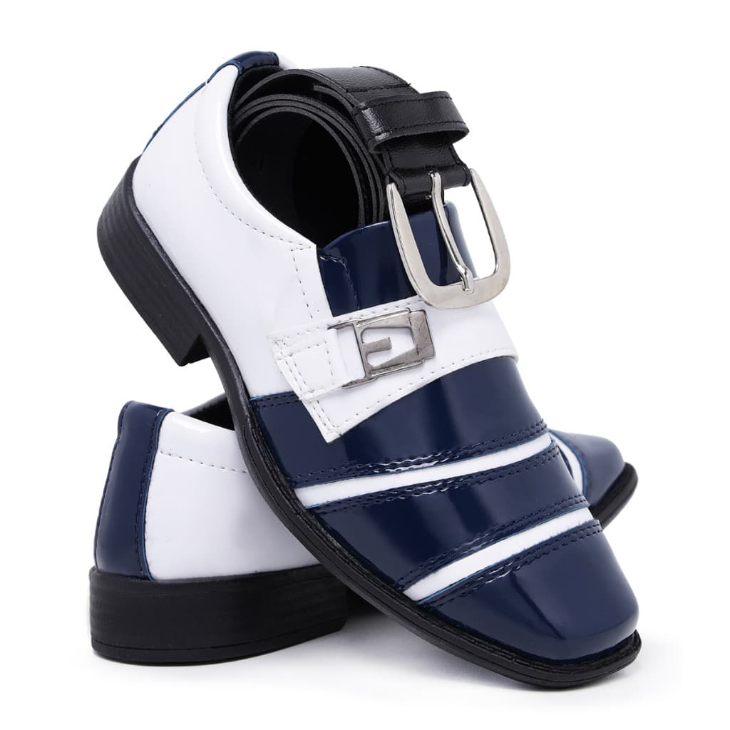 Kit Sapato Social Infantil Masculino Cinto 443 Azul e Branco Pajem Conforto Bico Quadrado