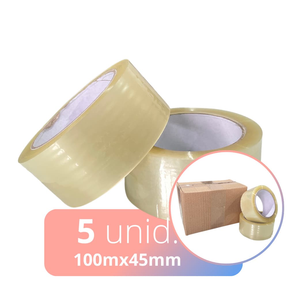 Kit 5 Rolos Fita Adesiva Transparente Larga 45mm x 100metros Durex Para Caixas Com Boa Colagem e Fixação