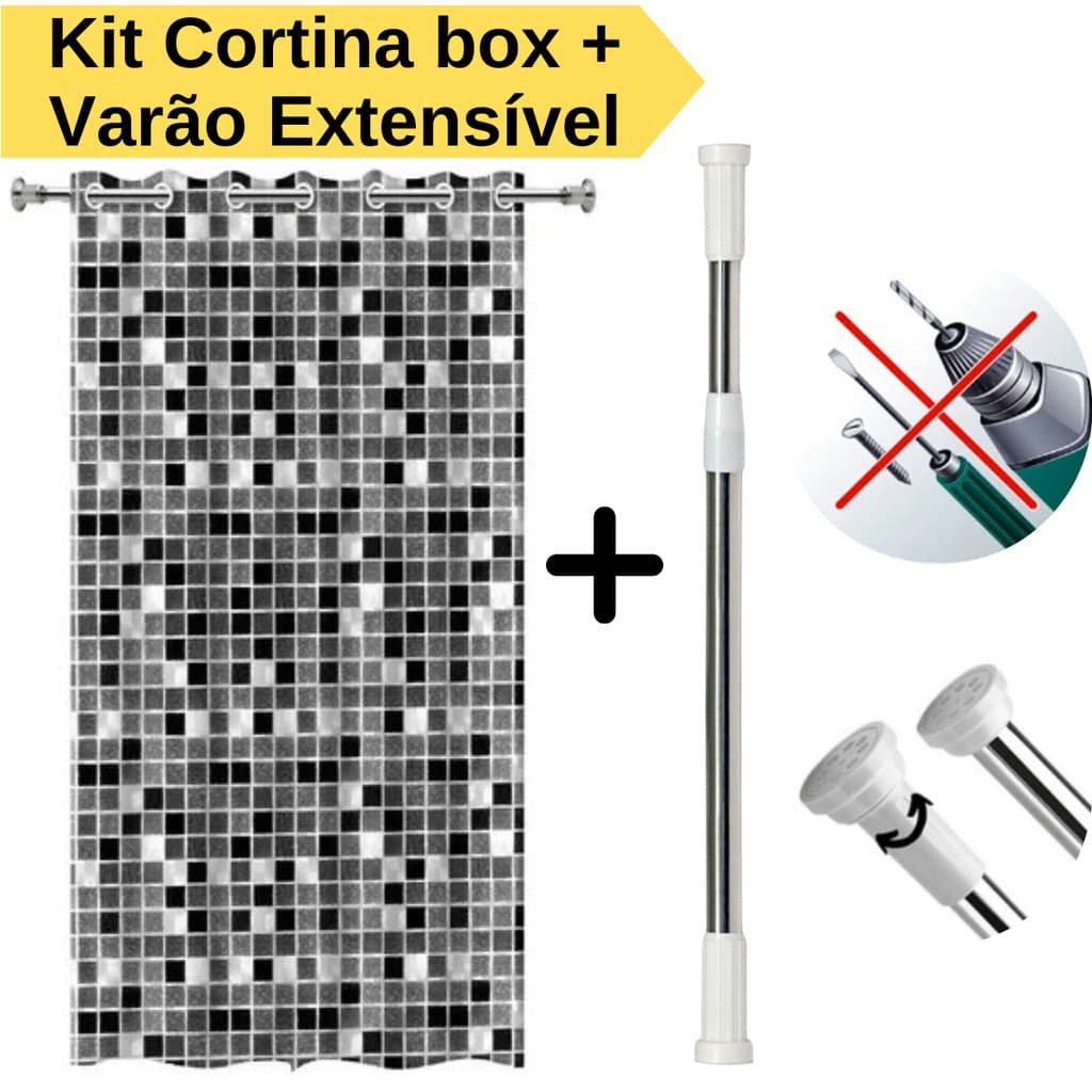 Kit Cortina Box Banheiro com Ilhós + Varão Suporte Extensivel Anti Mofo Varias Cores