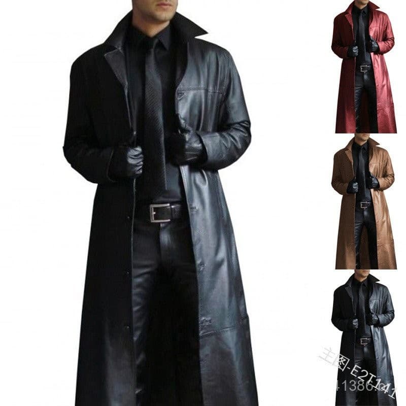 Casaco de couro longo de couro de cor sólida masculino