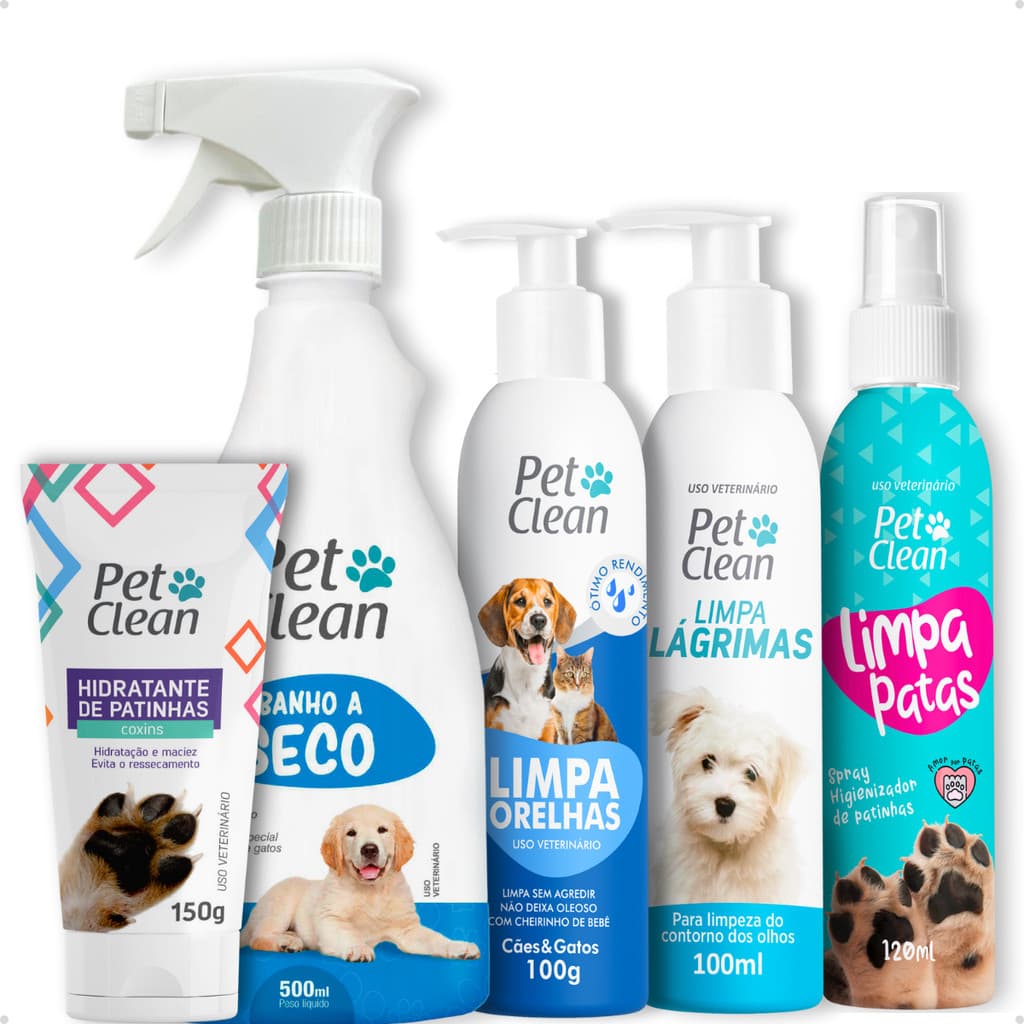 Kit Higiene 5 em 1 Pet Clean: Limpa Patas + Lágrimas + Orelhas + Banho a Seco + Hidratante Patinhas
