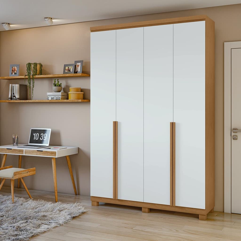 Guarda-Roupa Solteiro 100%MDF Alonzo 4 portas Com Pés Amendoa/Branco