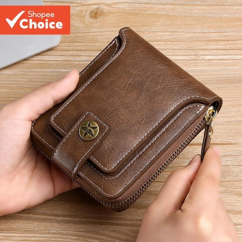 Carteira Curta Masculina Vintage De Couro PU-Design Com Zíper E Ferrolho