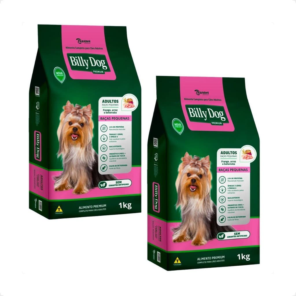 Kit 2 Ração Billy Dog Cães Adultos Raças Pequenas - 1Kg