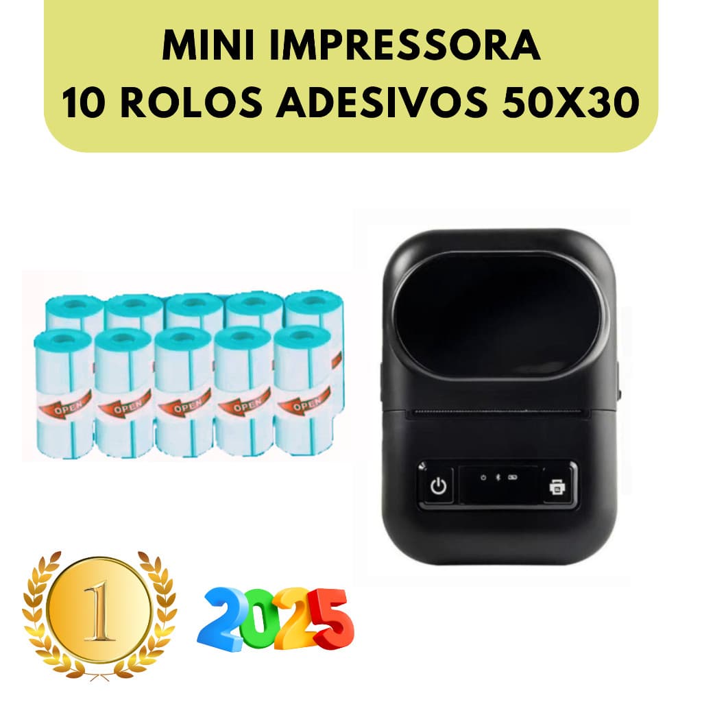 Impressora Térmica Bluetooth + 10 Bobinas Adesivas 50x30