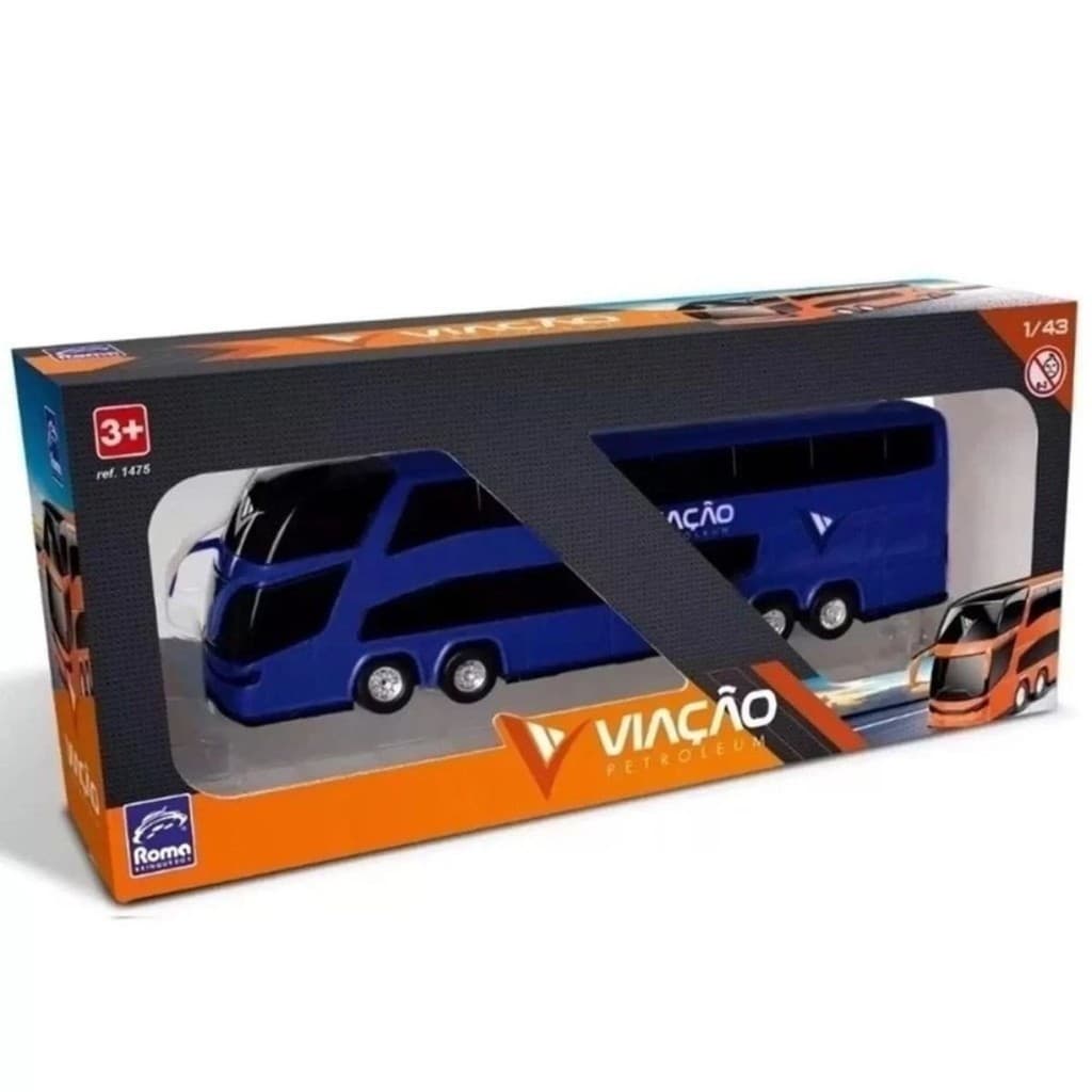 Ônibus de Brinquedo Miniatura 2 Andares 32 cm Viação Petroleum Infantil Super Realista