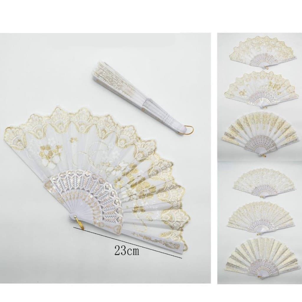 Leque branco/preto com desenho dourado / prata
