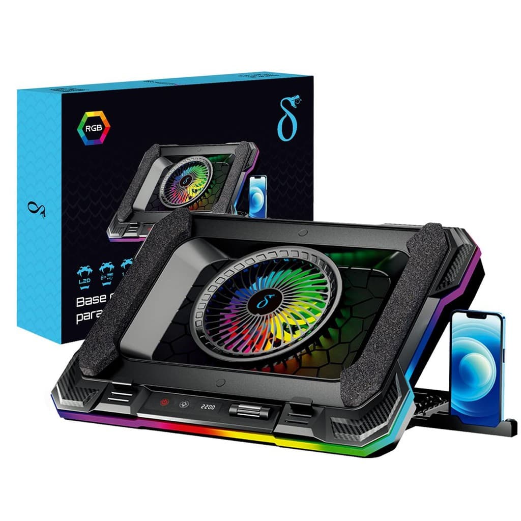 Base Cooler RGB para Notebook 7 Ângulos com Suporte Celular