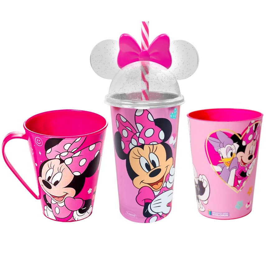 Copinho Caneca e Copo com Orelhas e Canudo da Minnie Rosa Kit Premium 3 Peças