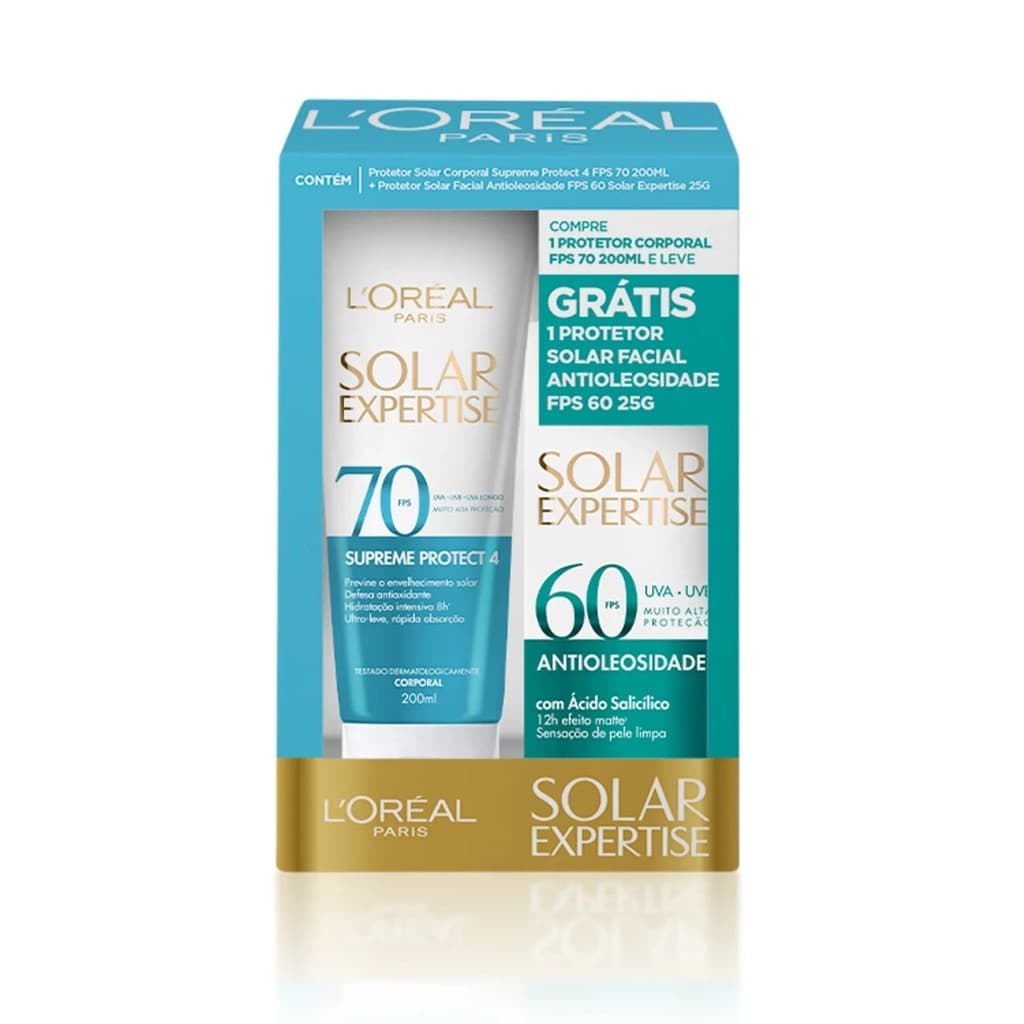 PROTETOR SOLAR EXPERTISE CORPO FPS70 + FACIAL ANTIOLEOSIDADE FPS60 LORÉAL PARIS
