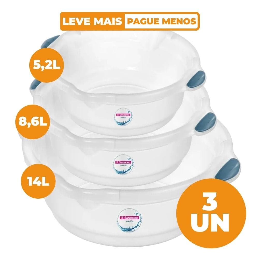 Kit 3 Bacias Plásticas Transparentes Tamanhos Variados Hydrus Sanremo