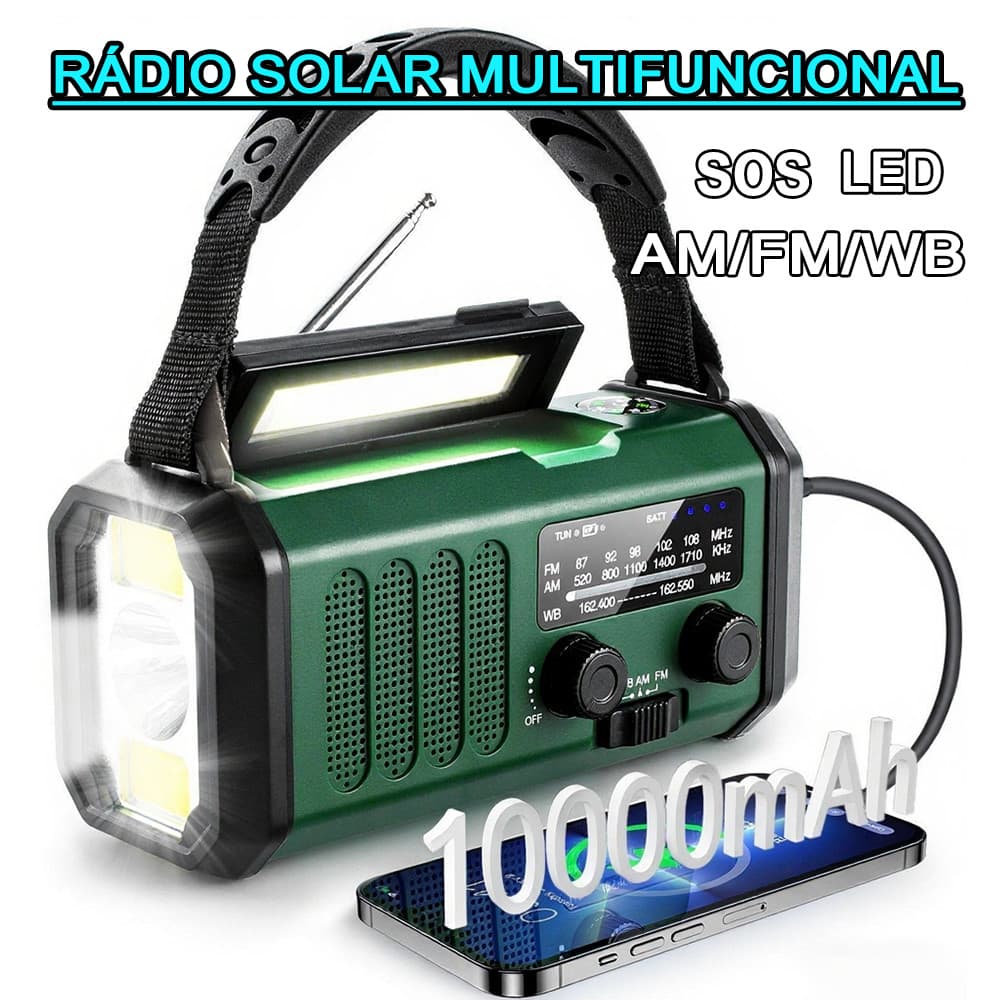 Rádio Solar Multifuncional 10000mAh Recarregável AM/FM Com Manivela E Luz Para Aventura Ao Ar Livre SOS