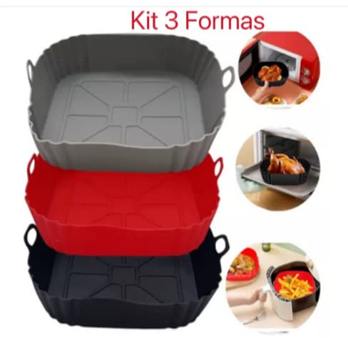 KIT 3 Formas de Silicone Quadrada Antiaderente Assadeira Air Fryer e Forno Forma para Fritadeira Elétrica com Alça