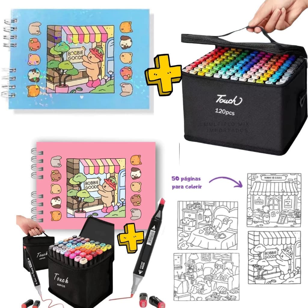 Kit Livro De Colorir Capa Dura + Canetinhas Marca Texto 90/100/120/168-Smile