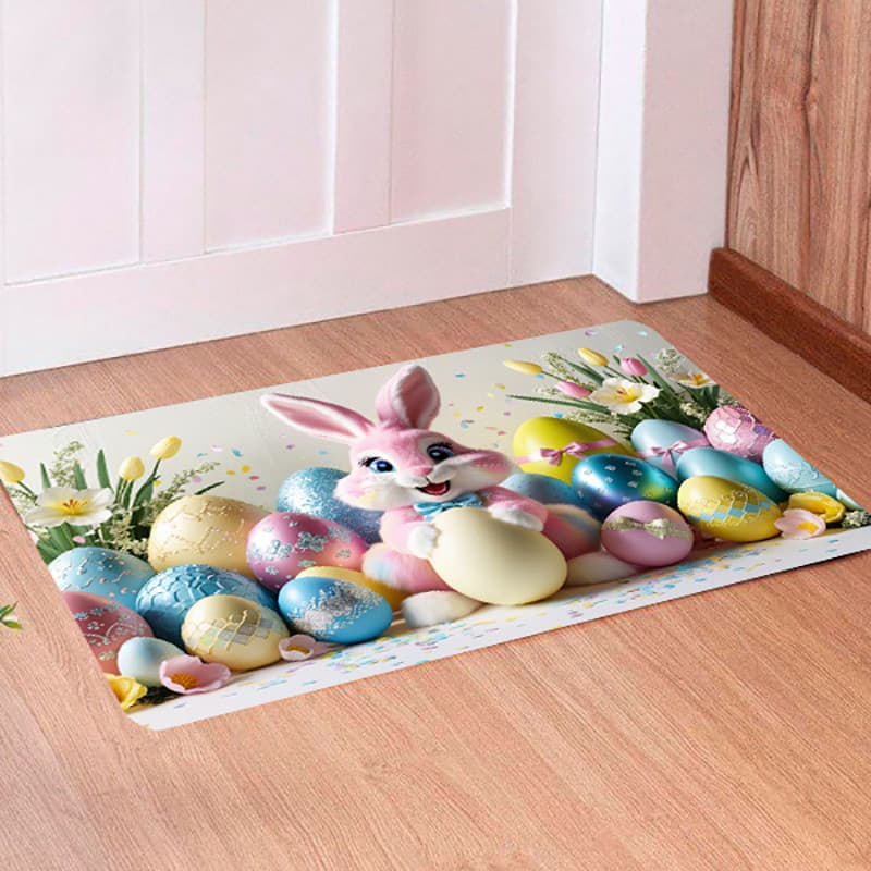 Tapete Para Porta Decorativo Feliz Páscoa Coelho Fofo com Ovos Coloridos