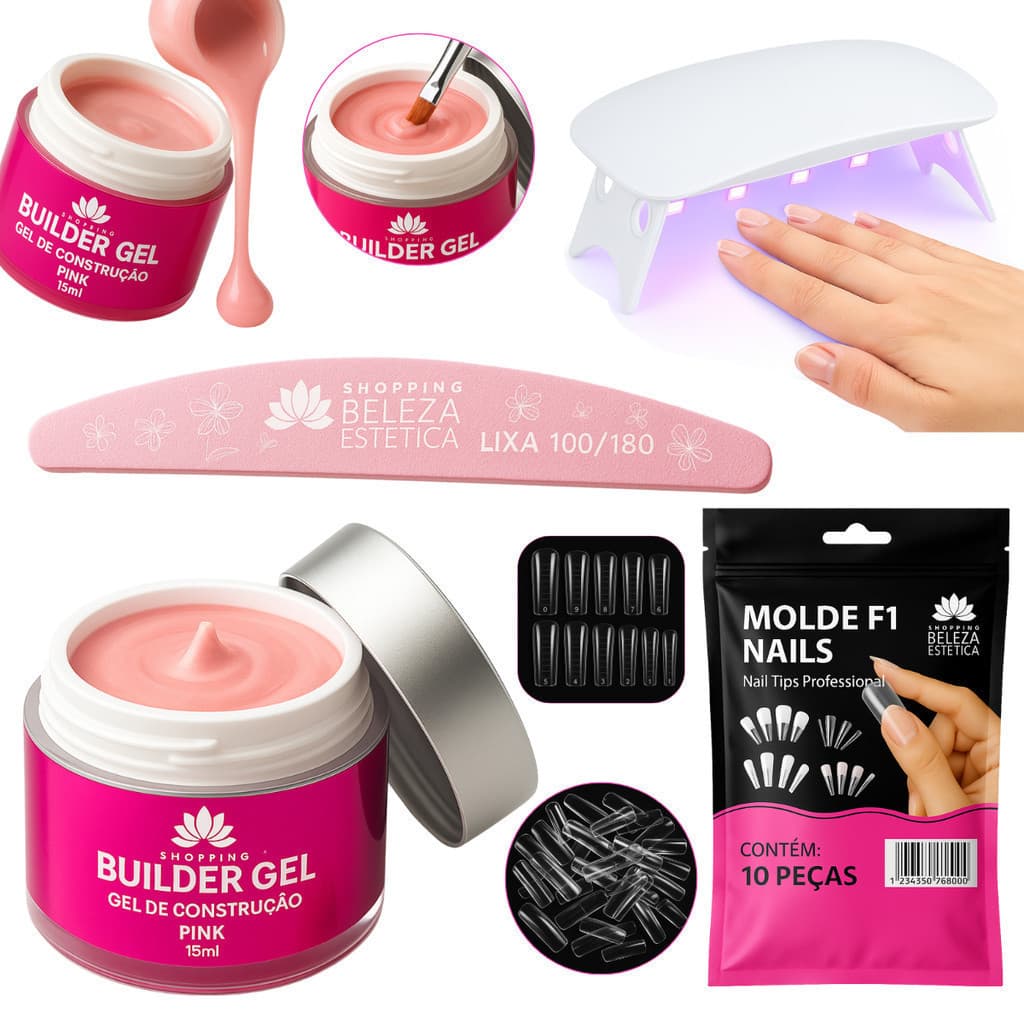 Kit Unhas de Gel Completo Construtor Unhas Profissional – Molde F1 + Lixa + Mini Cabine UV/LED – Nail Designer Completo